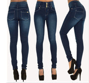 Women’s high-waisted full-length pencil jeans with a slim silhouette, available in black, light blue, navy blue and royal blue