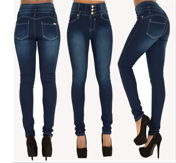 Women’s high-waisted full-length pencil jeans with a slim silhouette, available in black, light blue, navy blue and royal blue