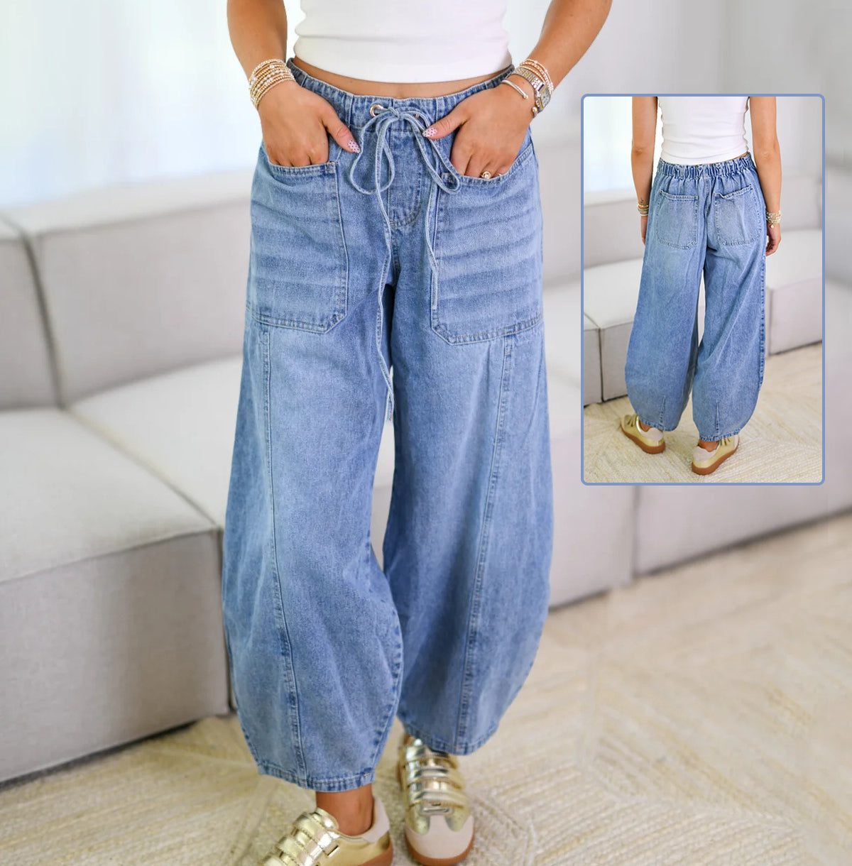 Women’s loose mid-rise denim jeans with multiple utility pockets and lace-up detailing, available in blue and light blue