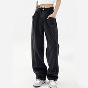 Women’s loose straight-leg smoke grey jeans made from regular-weight denim with a relaxed full-length silhouette